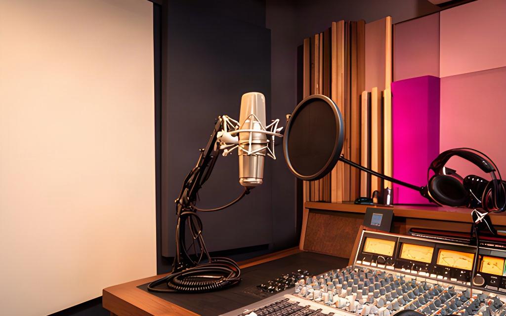 Studio di produzione podcast con microfono e console audio